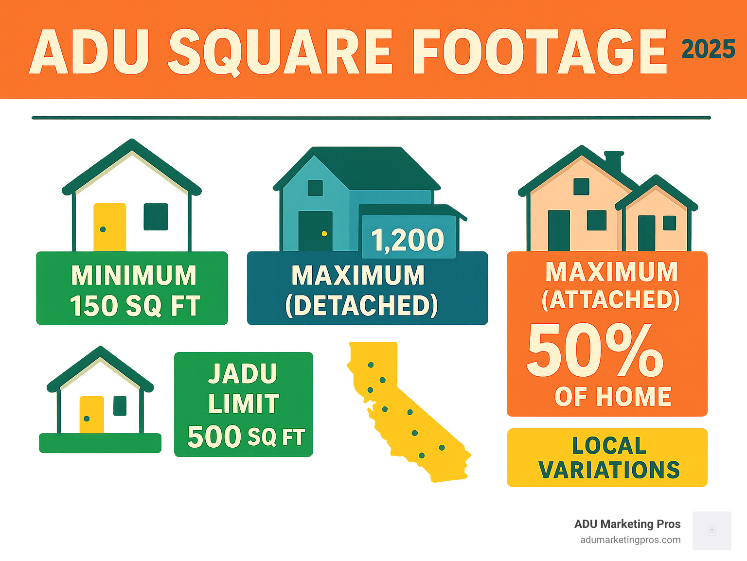 Comprehensive ADU square footage regulations showing minimum 150 sq ft, maximum 1200 sq ft for detached units, 50% limit for attached units, 500 sq ft JADU limit, and local jurisdiction variations across California - ADU square footage infographic 