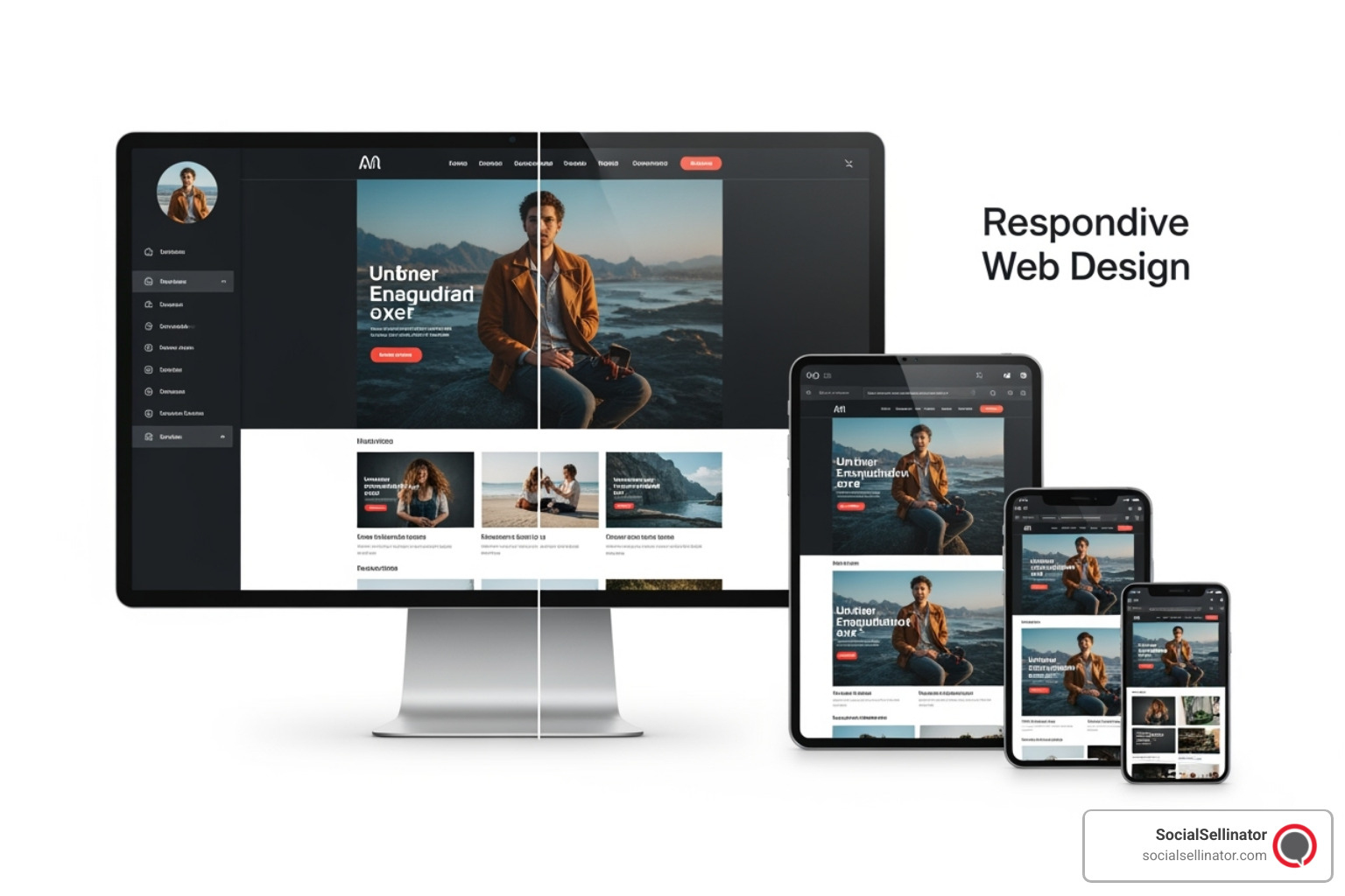 Comparison of readable text column on mobile versus unreadably wide text stretched across a desktop screen - responsive web design