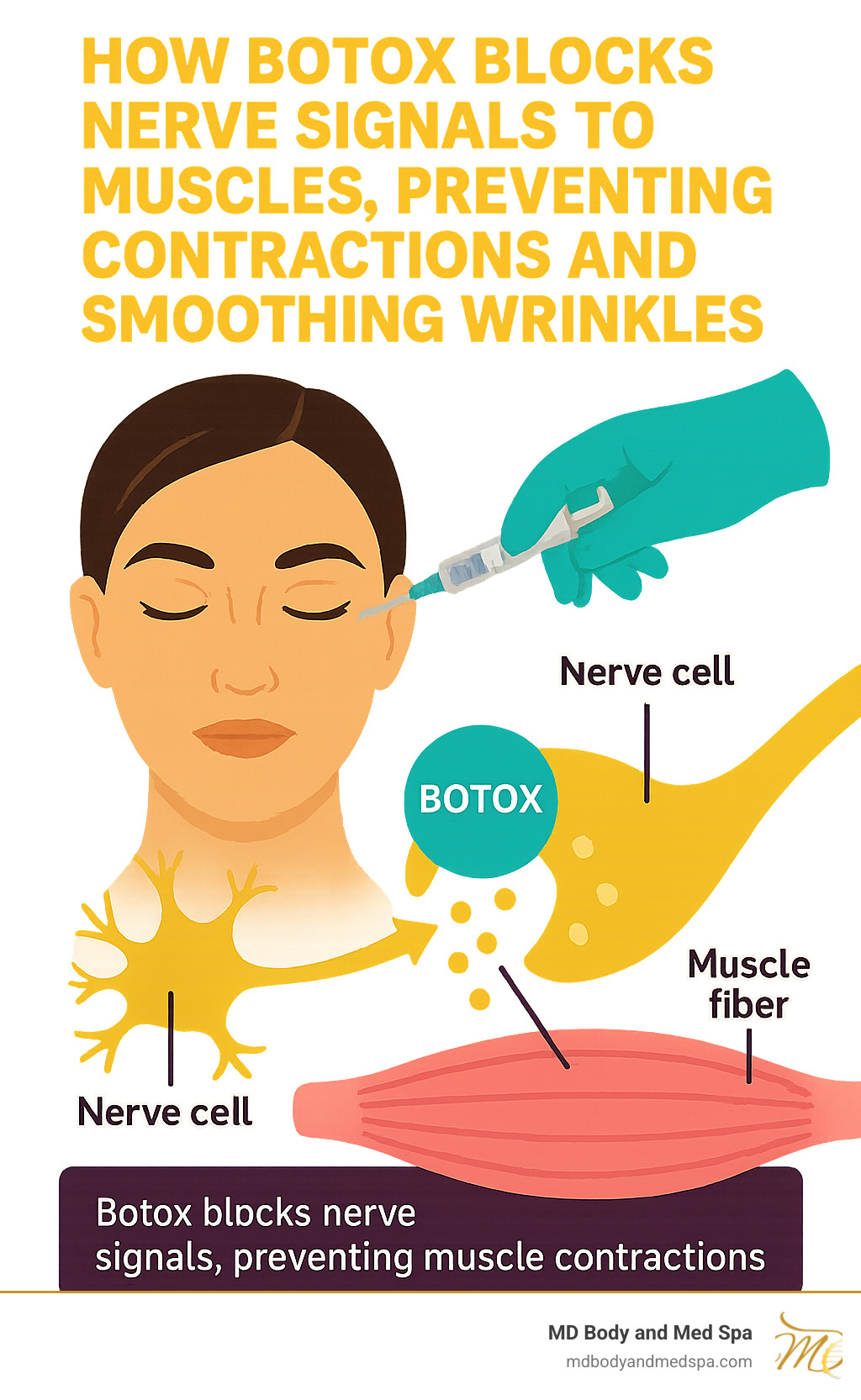infographic explaining how Botox blocks nerve signals to muscles, preventing contractions and smoothing wrinkles - how long does botox last infographic 