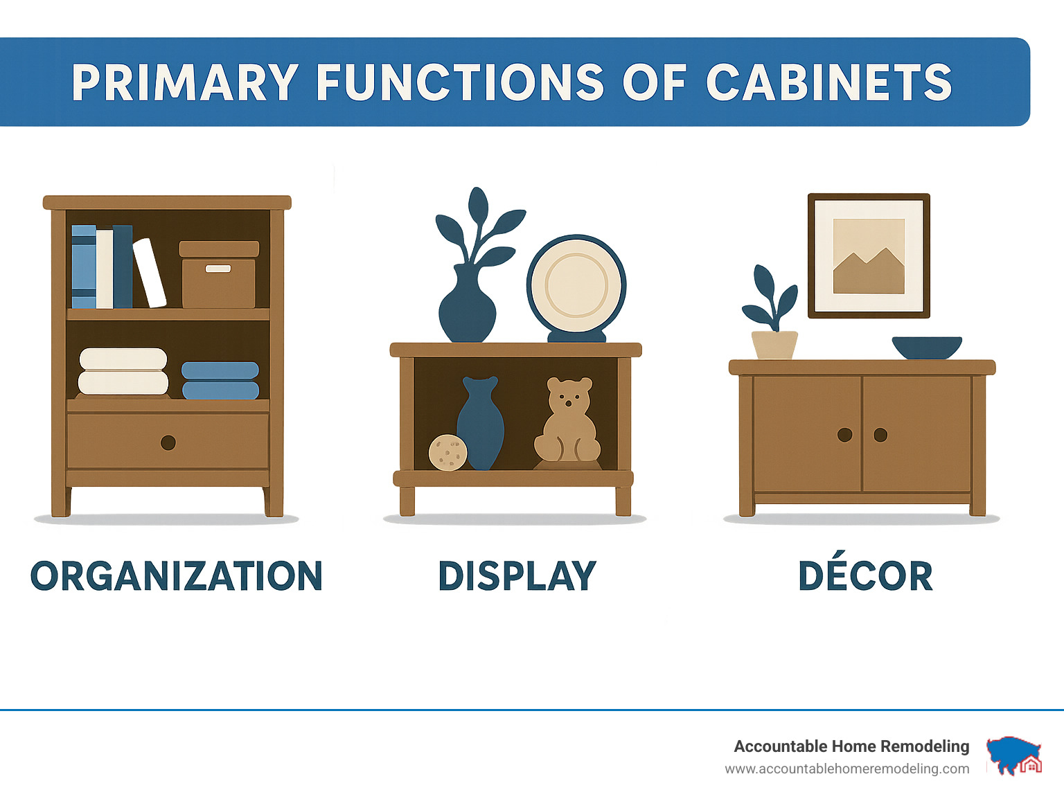 Infographic showing the three primary functions of cabinets: organization with icons of neatly stored items, display featuring decorative objects and collectibles, and decor improvement showing how cabinets improve room aesthetics and style - cabinet infographic 