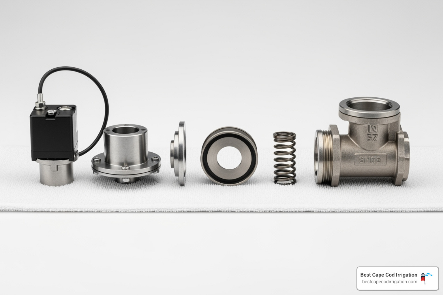 Disassembled irrigation valve with all components laid out in order on a clean rag, showing solenoid, bonnet, diaphragm, spring, and valve body - irrigation valve leak repair