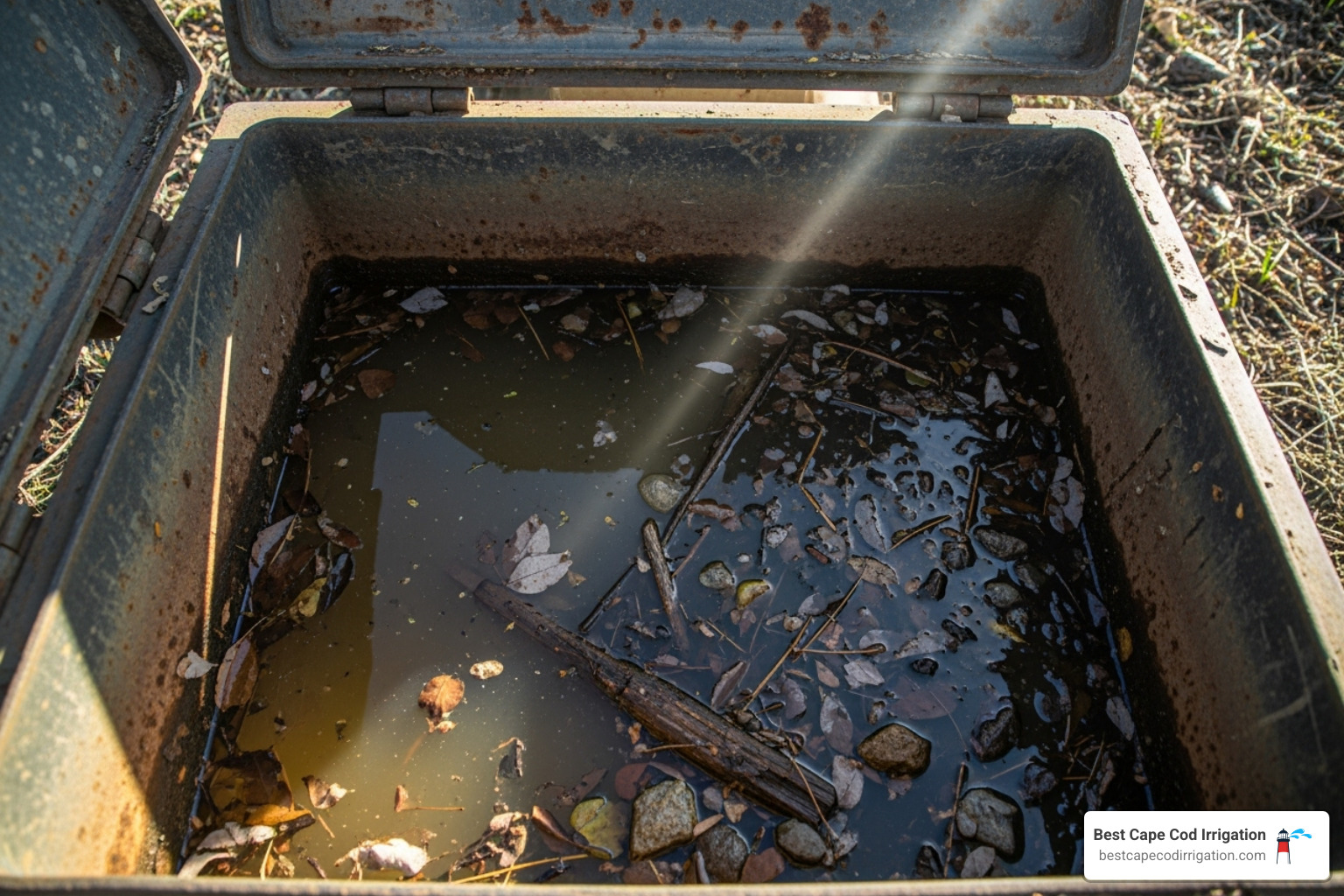 Open irrigation valve box filled with muddy water and debris - irrigation valve leak repair