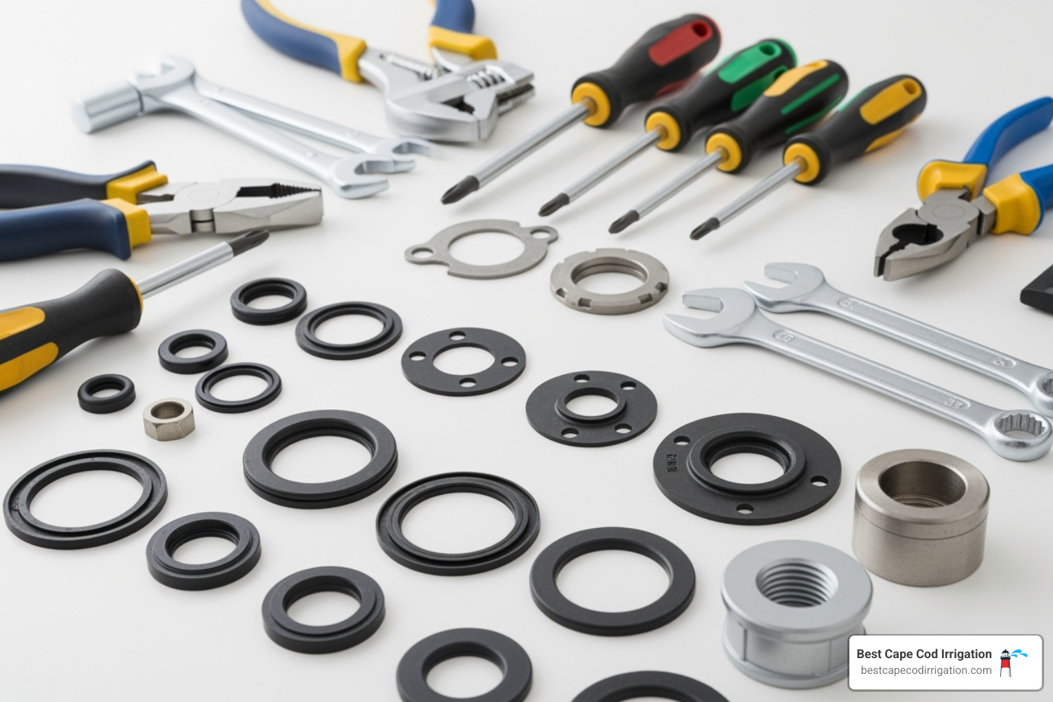Essential irrigation valve repair tools and materials neatly arranged on a clean work surface including screwdrivers, pliers, replacement parts, and cleaning supplies - irrigation valve leak repair
