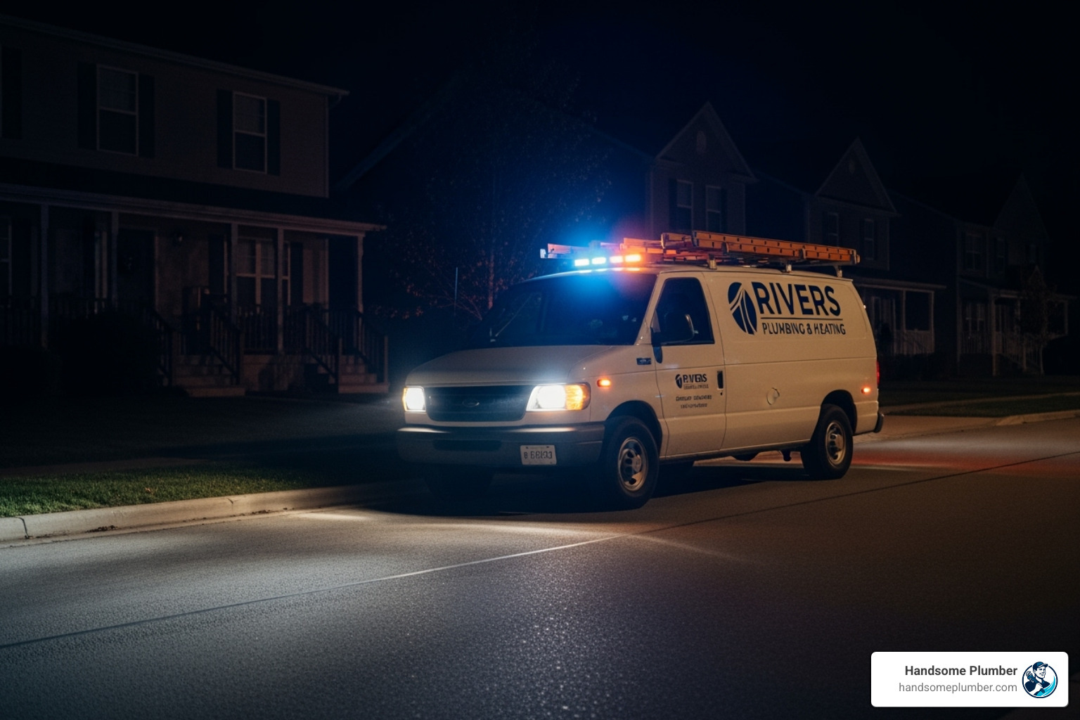 service van responding to emergency call at night - heating and plumbing repair near me