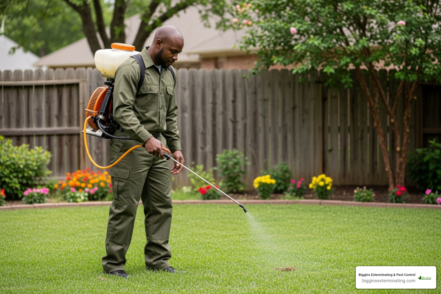 pest control professional treating lawn for wasps - cicada killer wasp killer