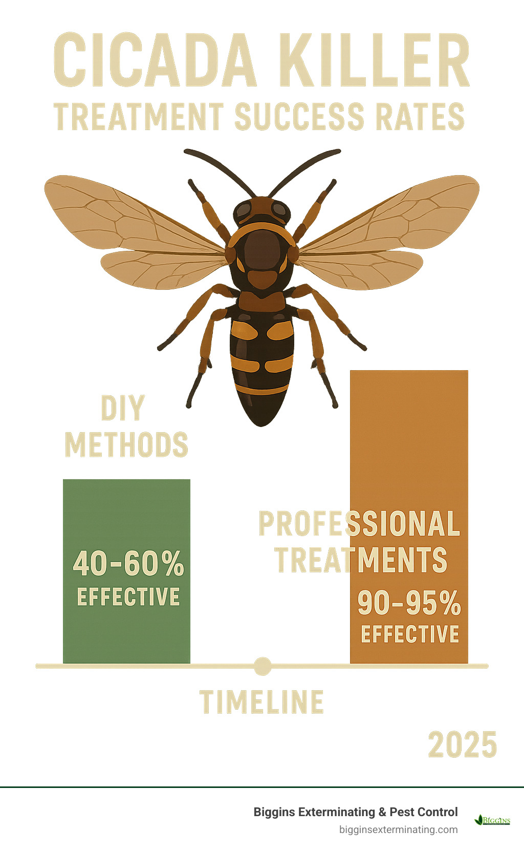 Statistical infographic showing cicada killer treatment success rates comparing DIY methods (40-60% effectiveness) versus professional treatments (90-95% effectiveness) with timeline data - cicada killer wasp killer infographic 