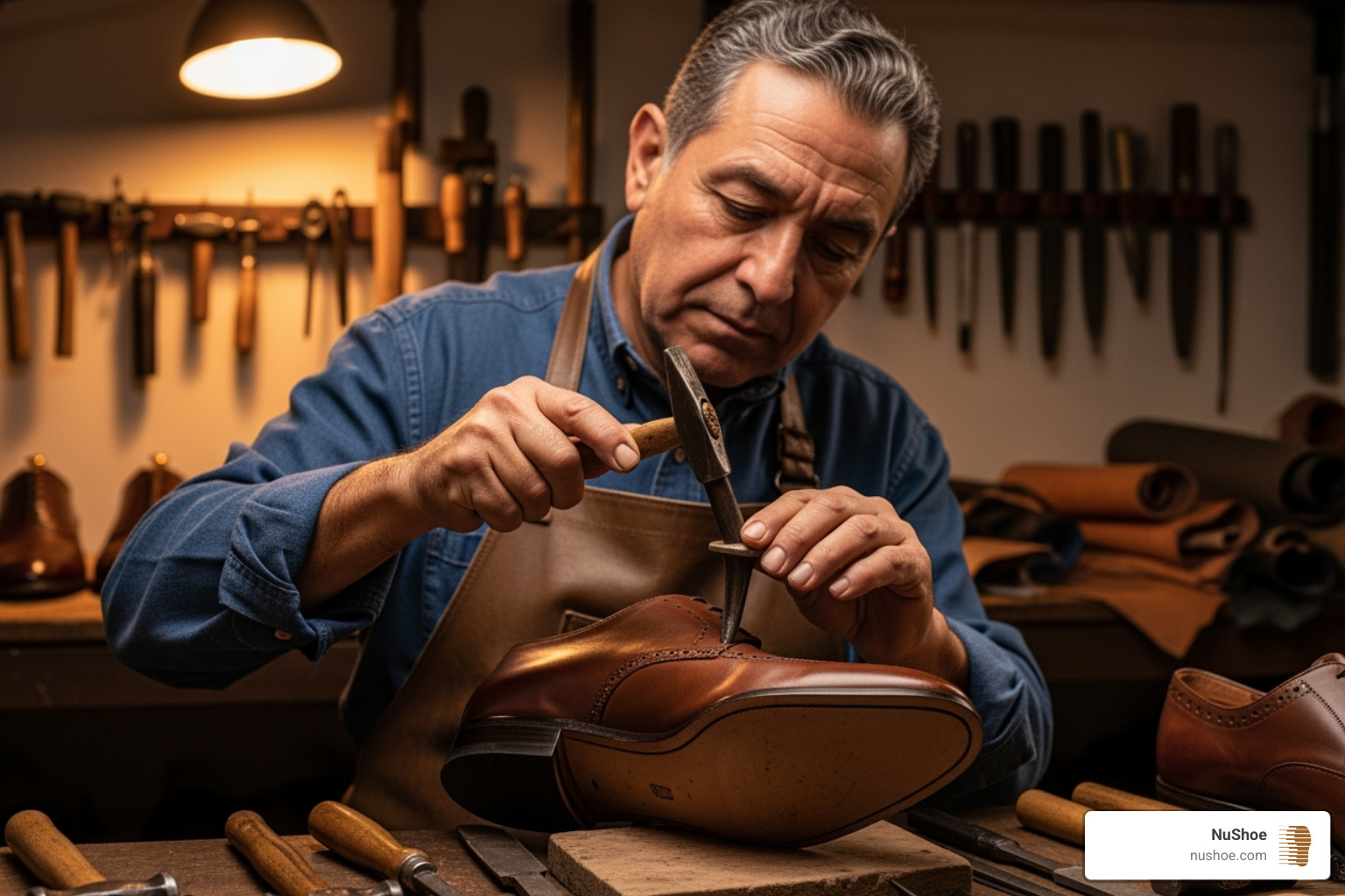 Cobbler replacing a heel tip on a dress shoe - cost resole shoes