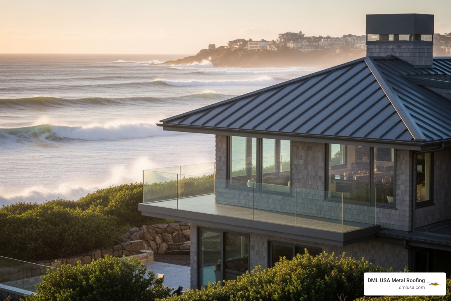 Beautiful coastal home with aluminum roof showcasing corrosion resistance in harsh salt air environment - aluminum roofing panels