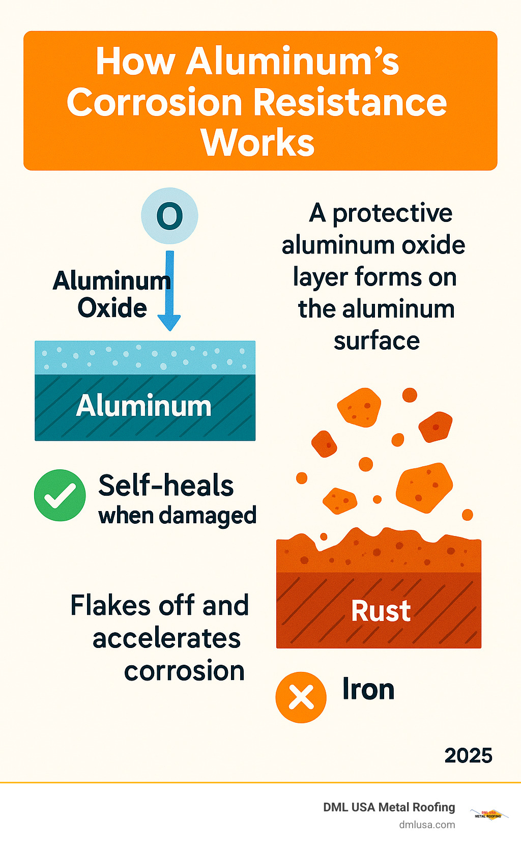 Infographic showing aluminum oxide formation process: aluminum surface exposed to oxygen creates protective layer that self-heals when damaged, compared to iron rust that flakes off and accelerates corrosion - aluminum roofing panels infographic 