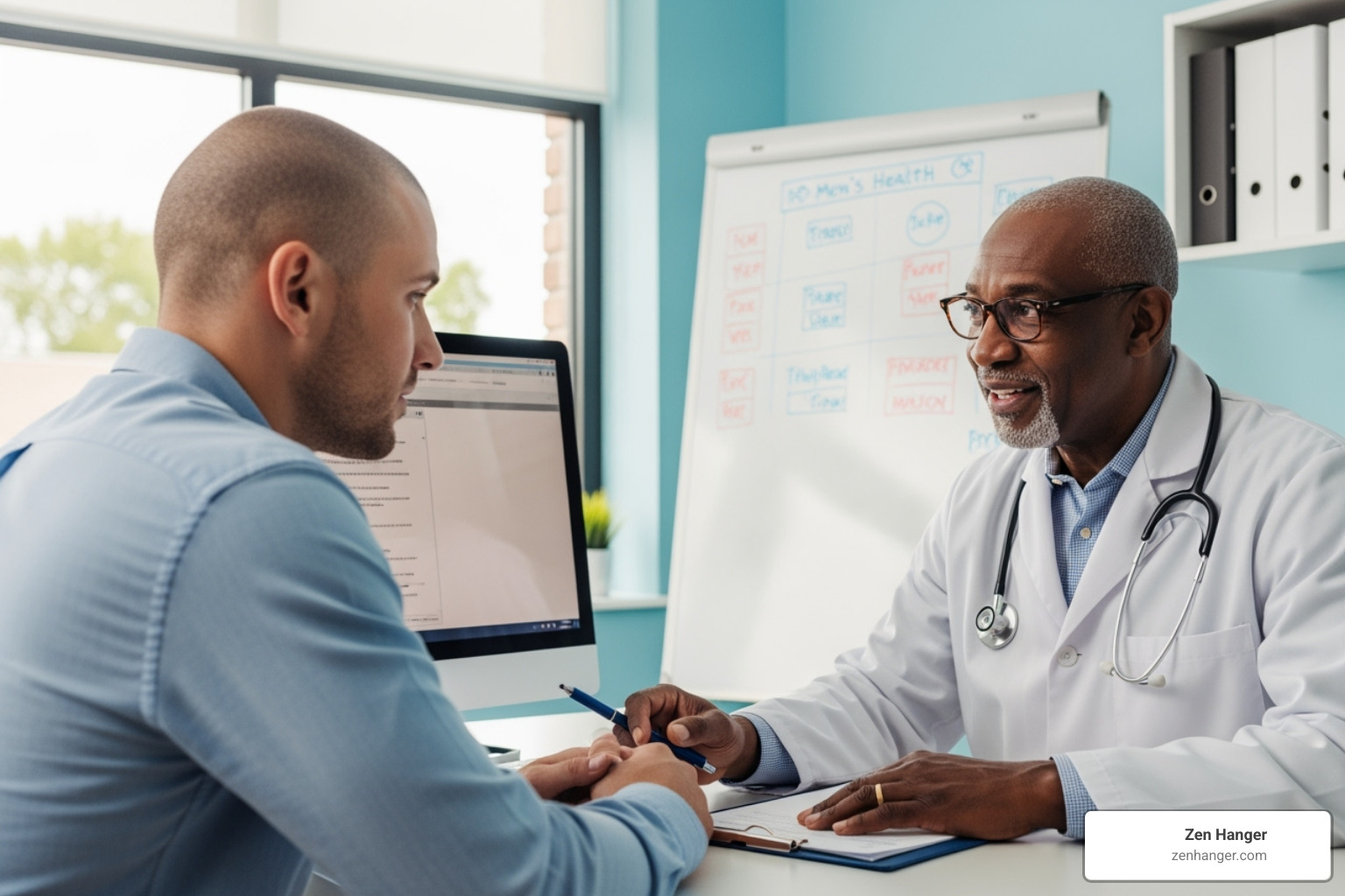 Patient consulting with men's health specialist about treatment options - penis enlargement clinical studies