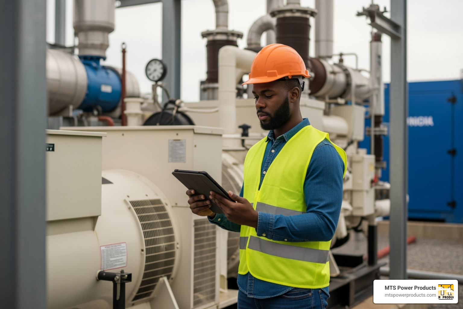 Technician using a tablet to view real-time generator data and diagnostics in the field - generator control and monitoring