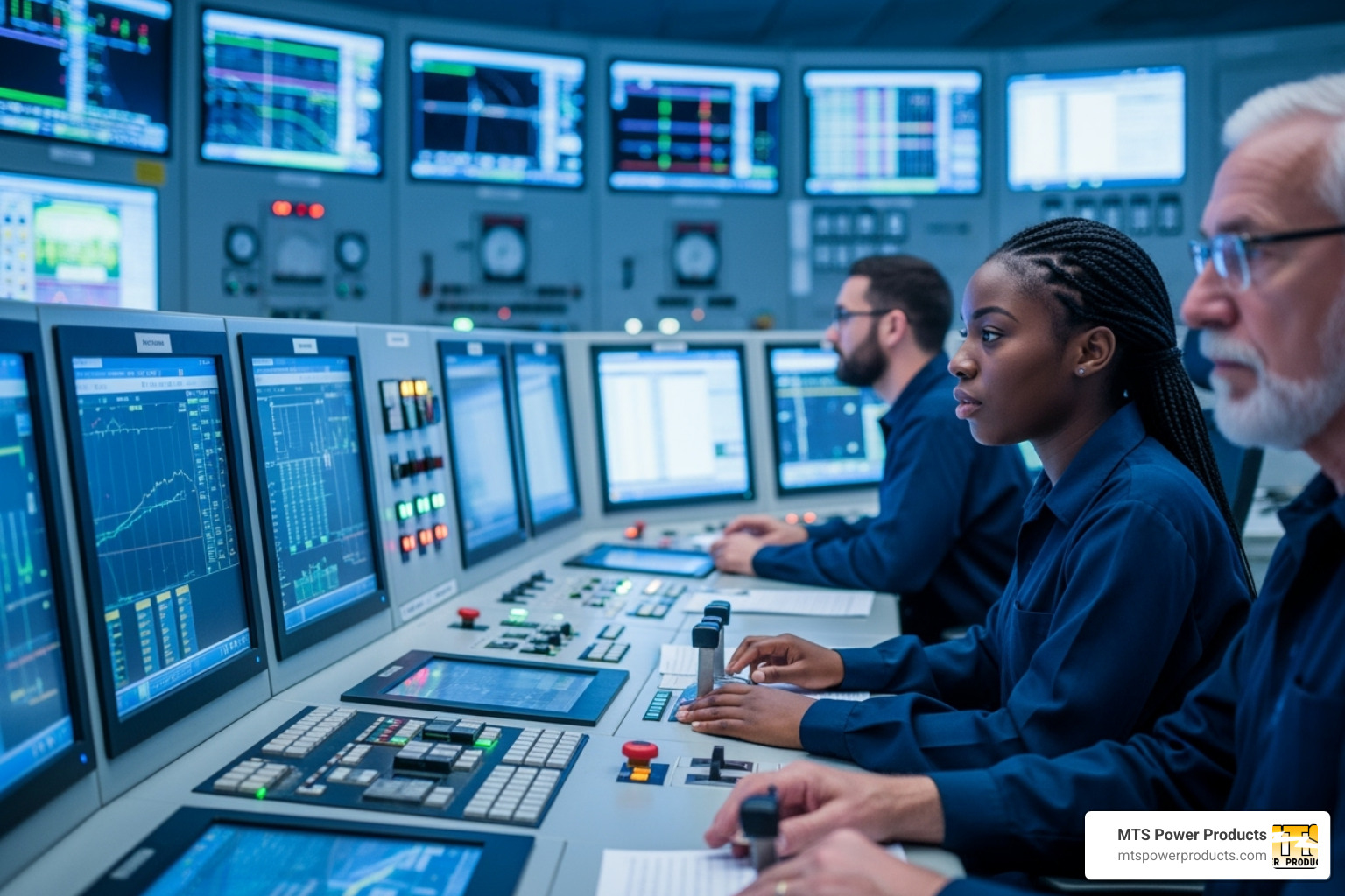 Complex power plant control room with multiple generator monitoring displays and control panels - generator control and monitoring