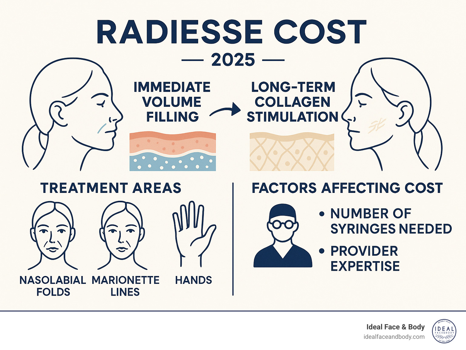 Infographic showing Radiesse's dual-action process with immediate volume filling and long-term collagen stimulation, including treatment areas like nasolabial folds, marionette lines, and hands, plus factors affecting cost such as number of syringes needed and provider expertise - radiesse cost infographic 
