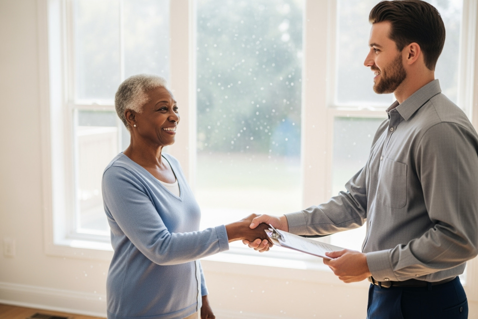 Smiling homeowner shaking hands with an HVAC technician - Key Performance Indicators for HVAC Companies