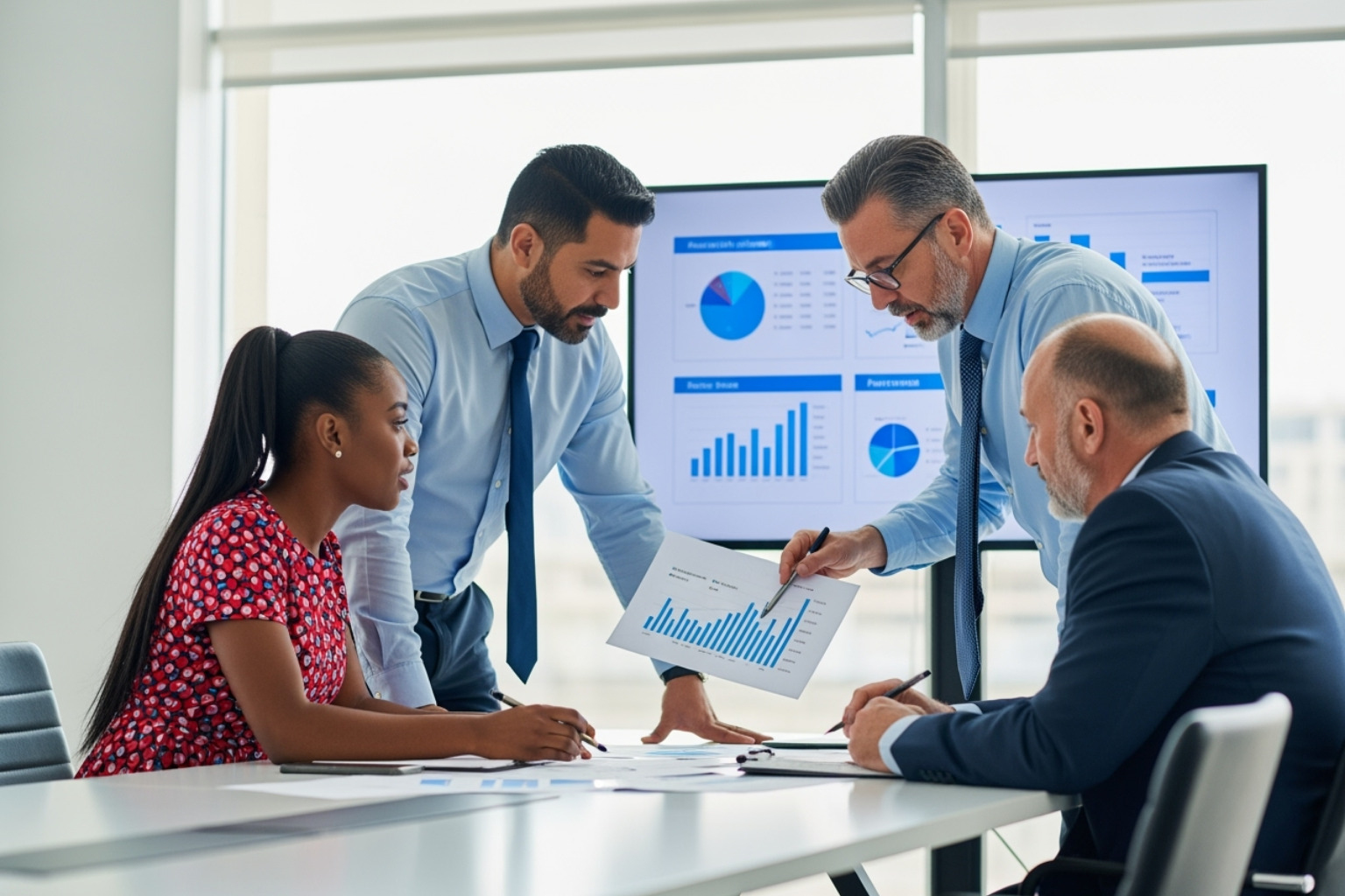 Team meeting where HVAC professionals are discussing a chart - Key Performance Indicators for HVAC Companies