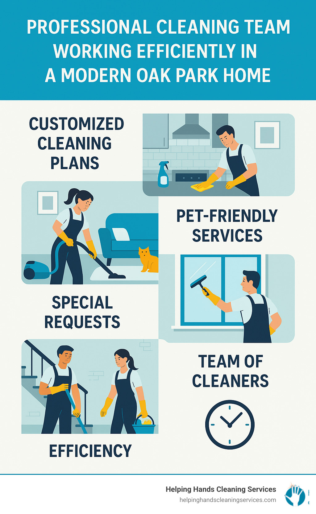Professional cleaning team working efficiently in a modern Oak Park home - house cleaning oak park il infographic 