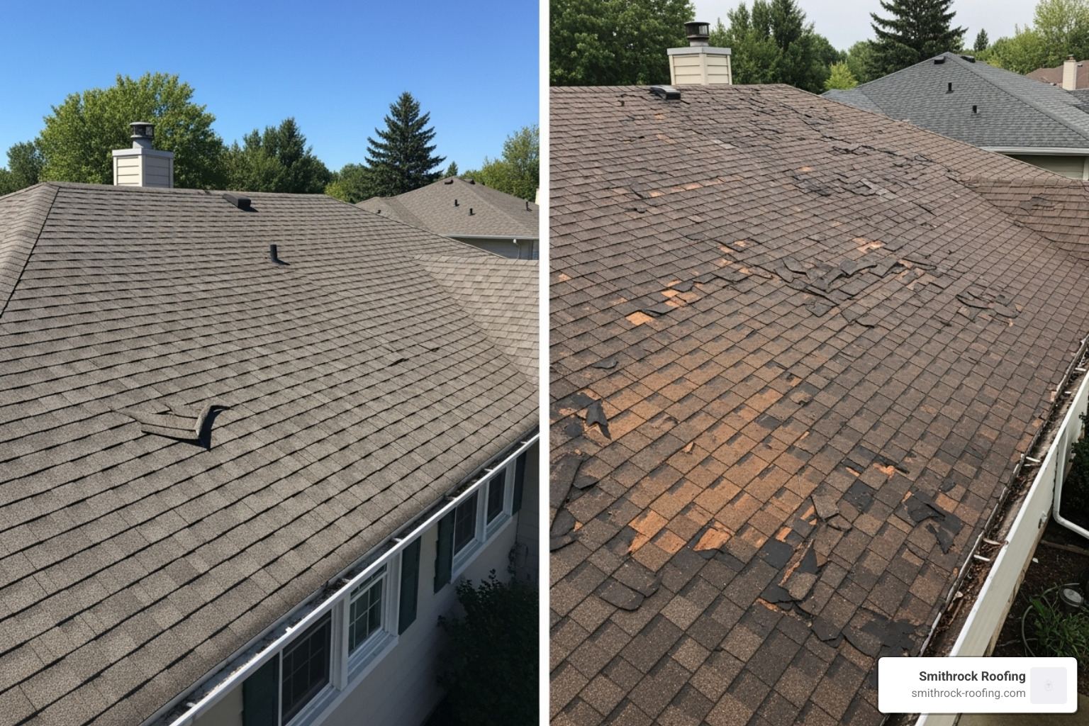 Side-by-side comparison of a roof with minor damage versus one with extensive wear and deterioration - roof replacement costs Side-by-side comparison of a roof with minor damage versus one with extensive wear and deterioration - roof replacement costs
