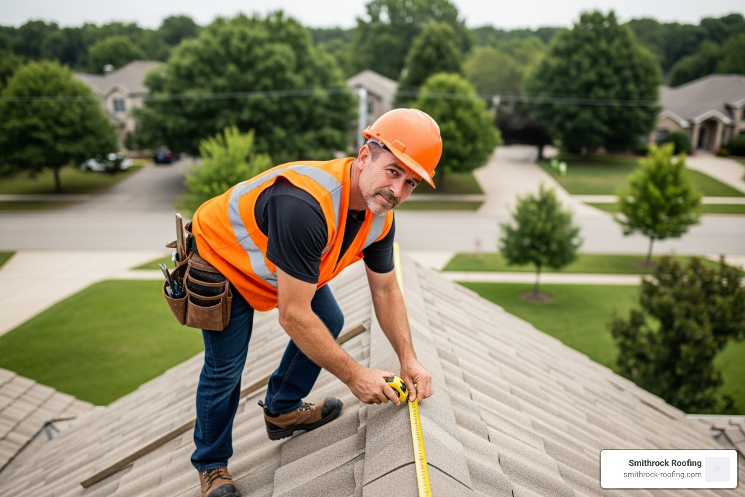 Professional roofer measuring roof dimensions with measuring tape - roof replacement costs Professional roofer measuring roof dimensions with measuring tape - roof replacement costs