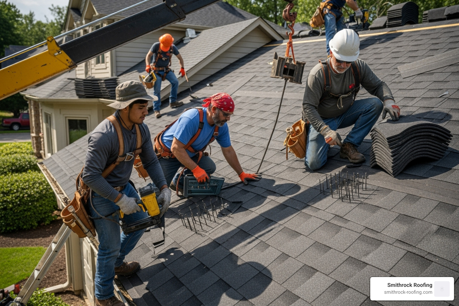 Smithrock Roofing team members installing a new roof on a residential home, showing professional equipment and safety measures - roof replacement costs Smithrock Roofing team members installing a new roof on a residential home, showing professional equipment and safety measures - roof replacement costs