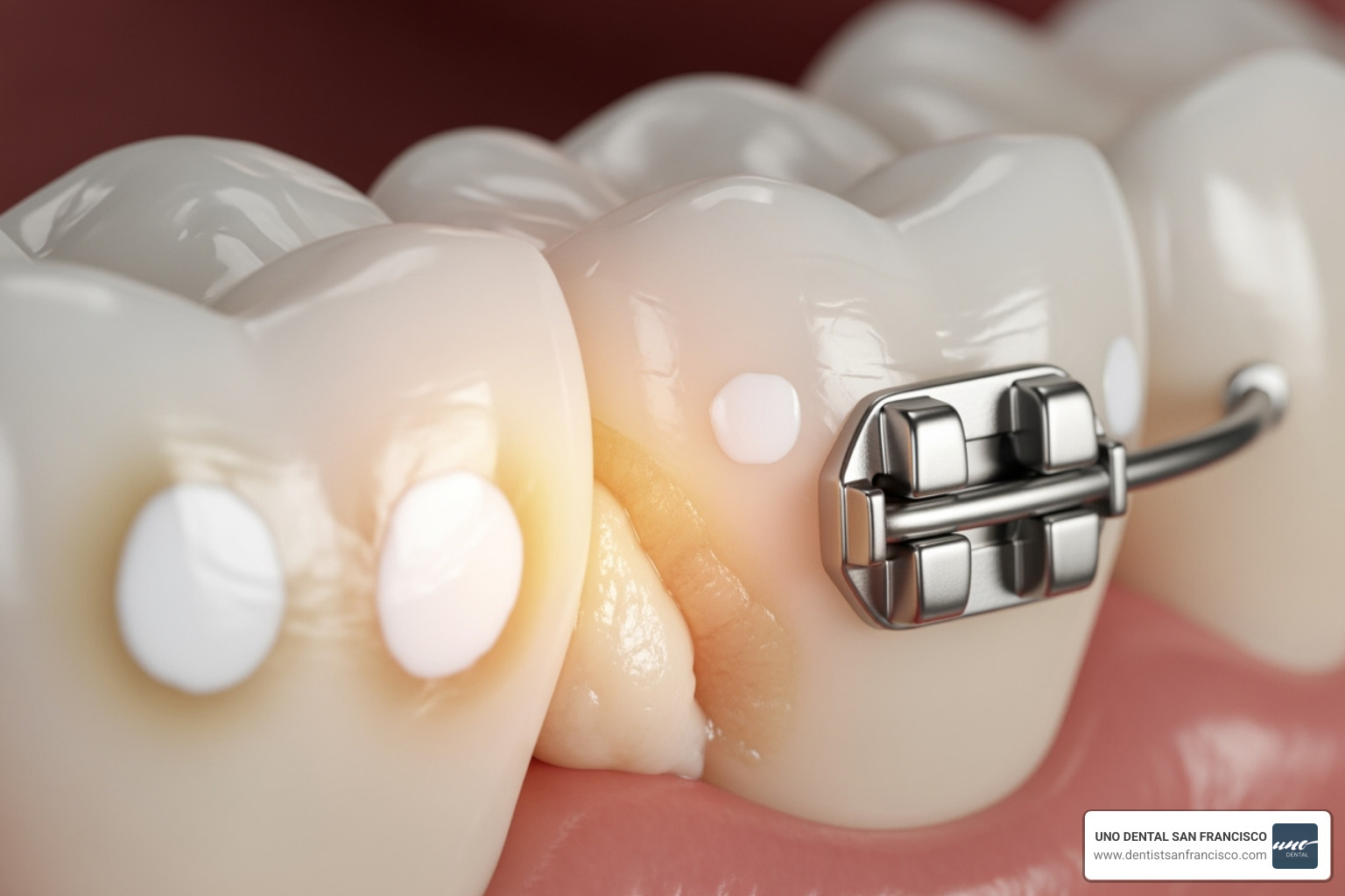 Close-up image of plaque buildup around a bracket showing white spot lesions and decalcification on tooth enamel - bad teeth after braces come off