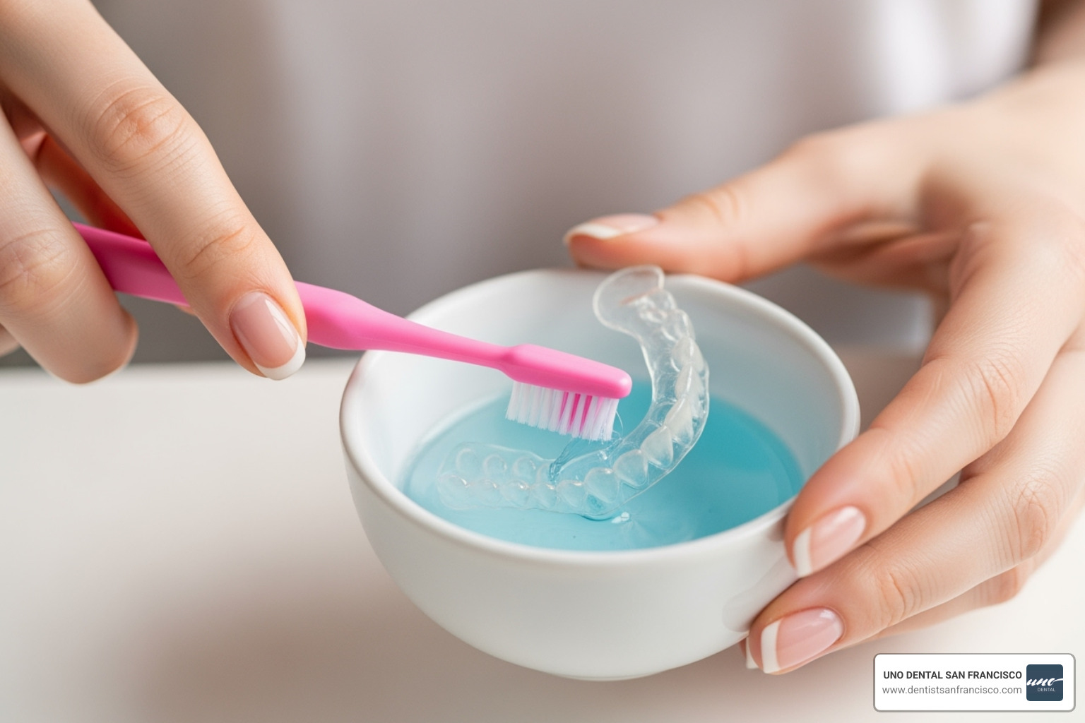 Person carefully cleaning a clear plastic retainer with a soft toothbrush and cleaning solution - bad teeth after braces come off