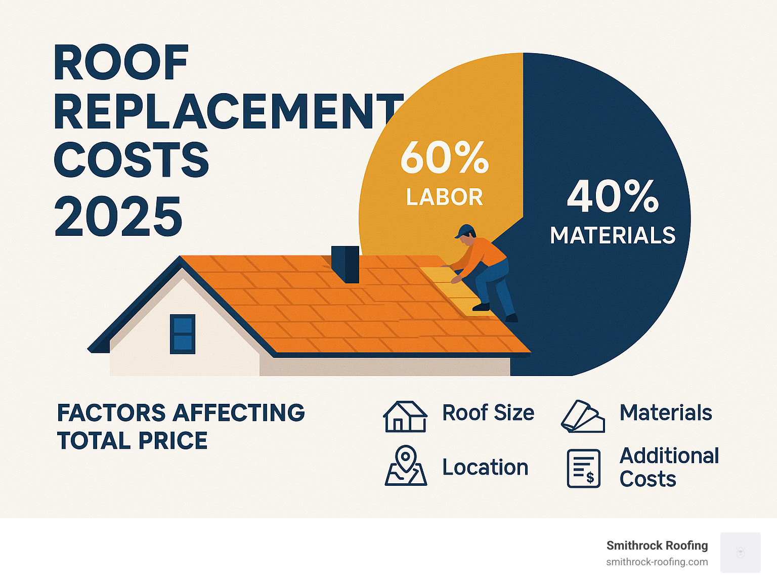 Infographic showing roof replacement cost breakdown with 60% labor costs, 40% material costs, and breakdown of factors affecting total price including roof size, pitch, materials, location, and additional costs - roof replacement costs infographic Infographic showing roof replacement cost breakdown with 60% labor costs, 40% material costs, and breakdown of factors affecting total price including roof size, pitch, materials, location, and additional costs - roof replacement costs infographic