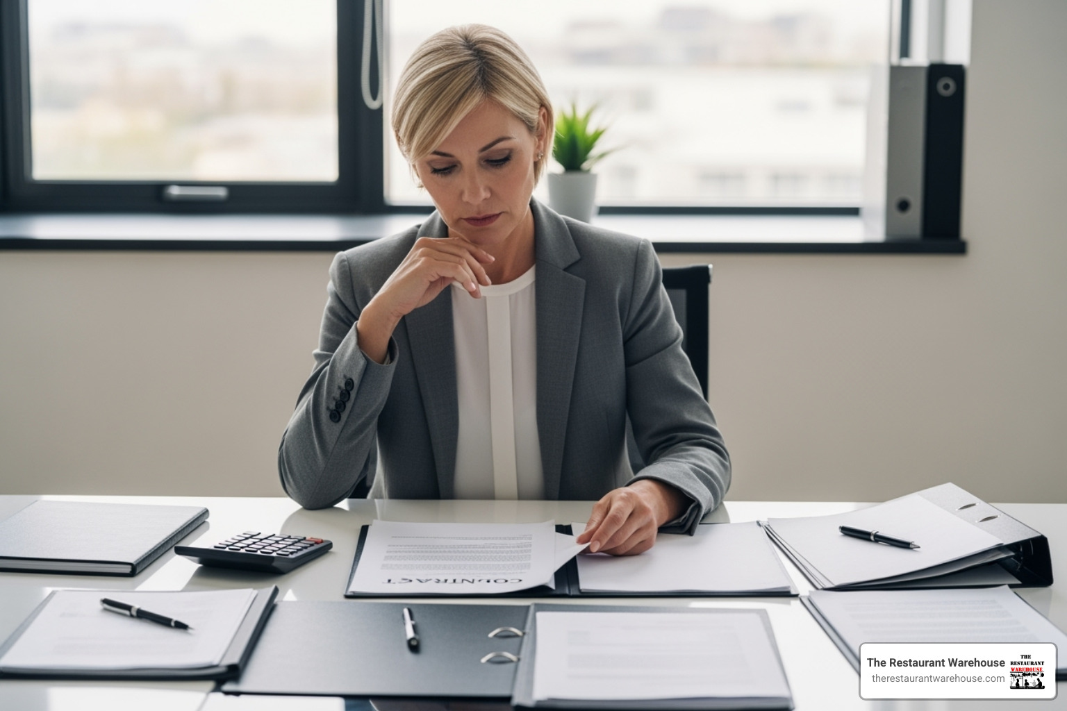 Person reviewing a contract with a calculator and documents spread on a table - commercial kitchen equipment finance