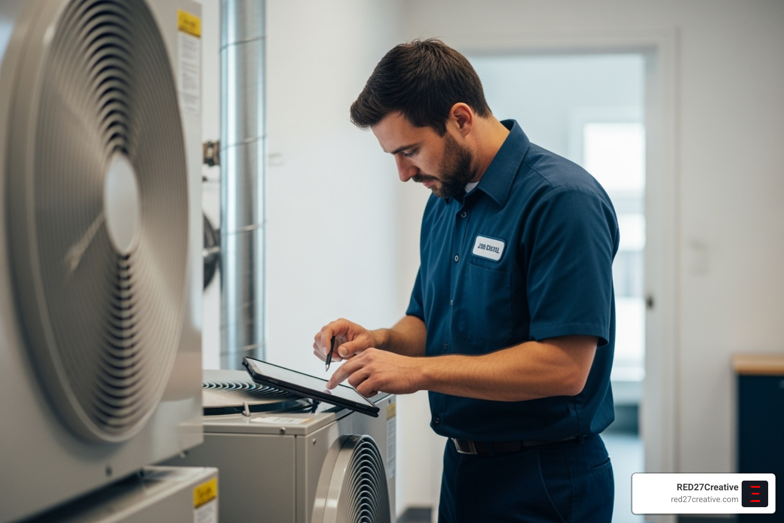 HVAC technician using tablet in the field to update job - HVAC business growth strategies HVAC technician using tablet in the field to update job - HVAC business growth strategies