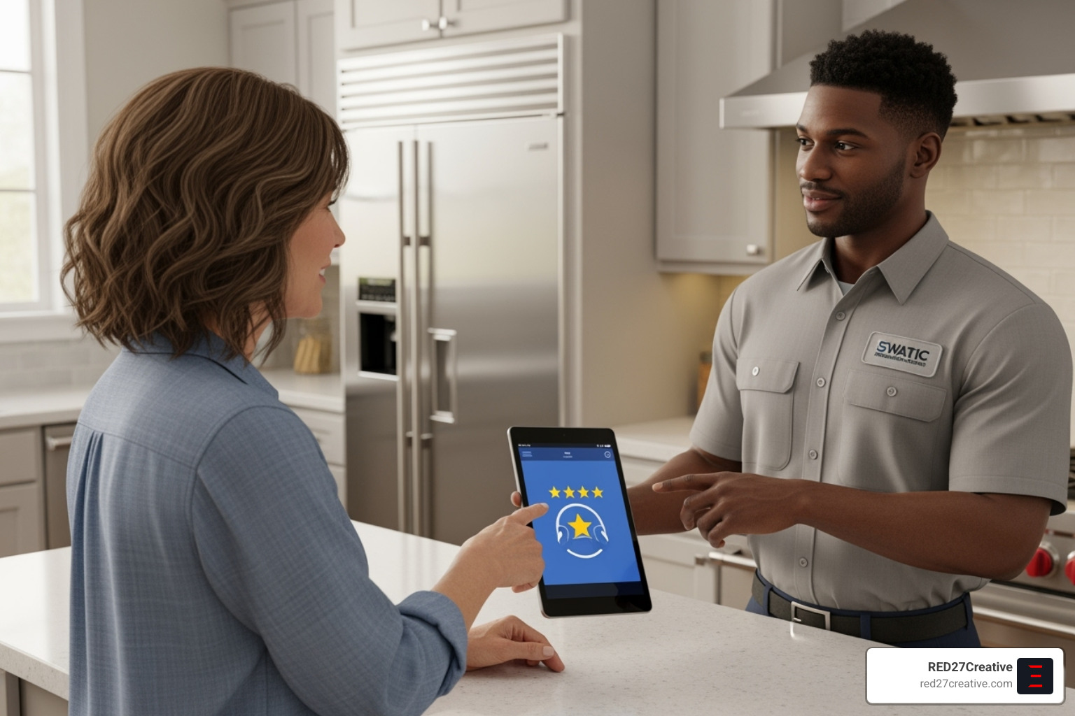 Customer leaving 5-star review on tablet held by technician - HVAC business growth strategies Customer leaving 5-star review on tablet held by technician - HVAC business growth strategies