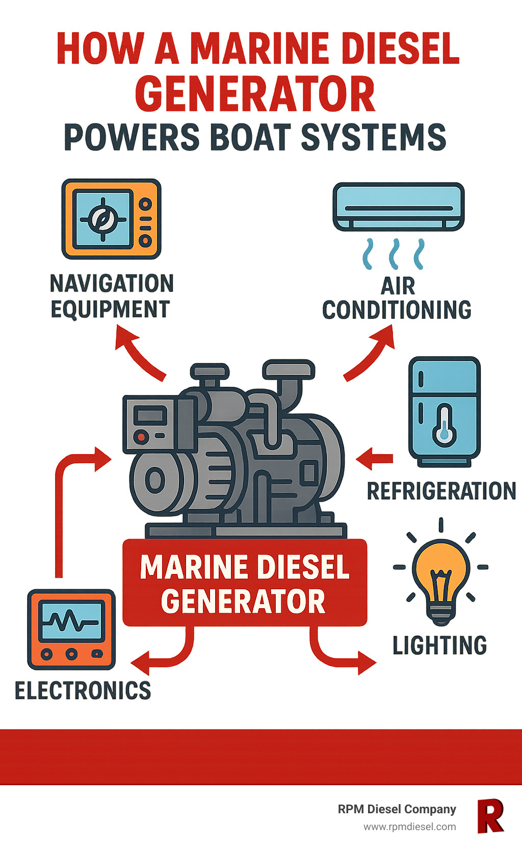 Infographic showing how a marine diesel generator powers critical boat systems including navigation equipment, air conditioning, refrigeration, lighting, and electronics, with arrows connecting the generator to each system - Diesel Generator Repair Florida infographic 