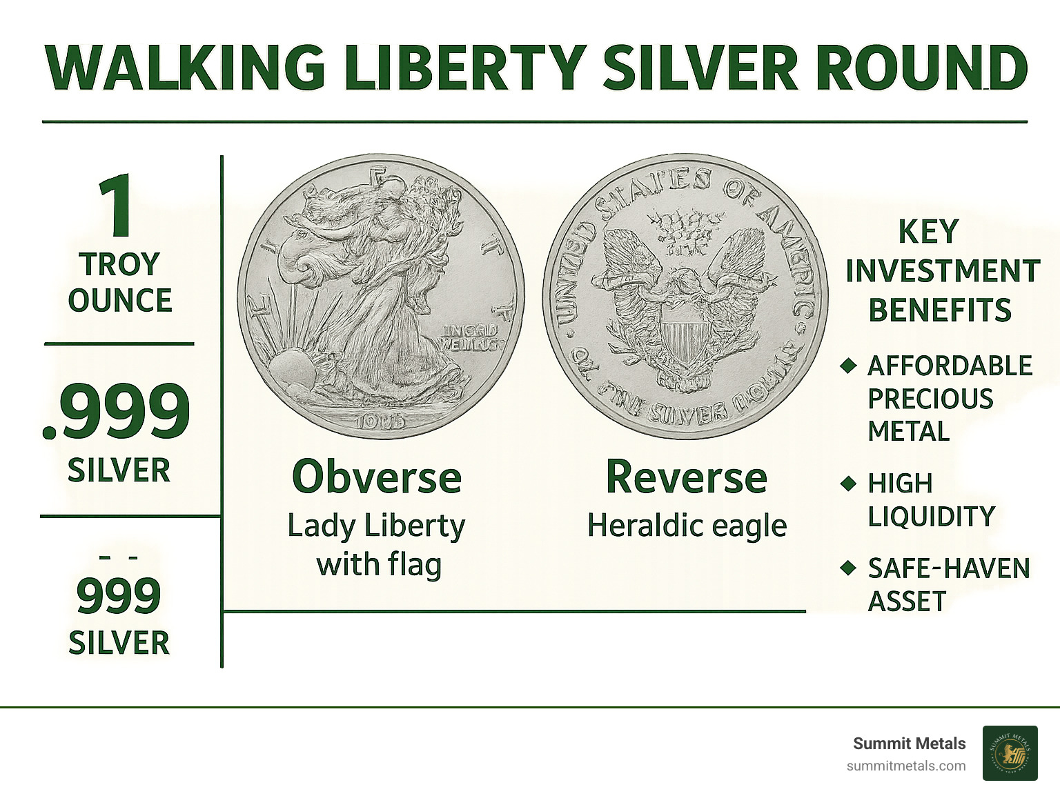 Infographic showing Walking Liberty silver round specifications including 1 troy ounce weight, 99.9% silver purity, obverse design featuring Lady Liberty with American flag, reverse design with heraldic eagle, and key investment benefits - walking liberty one ounce silver infographic 