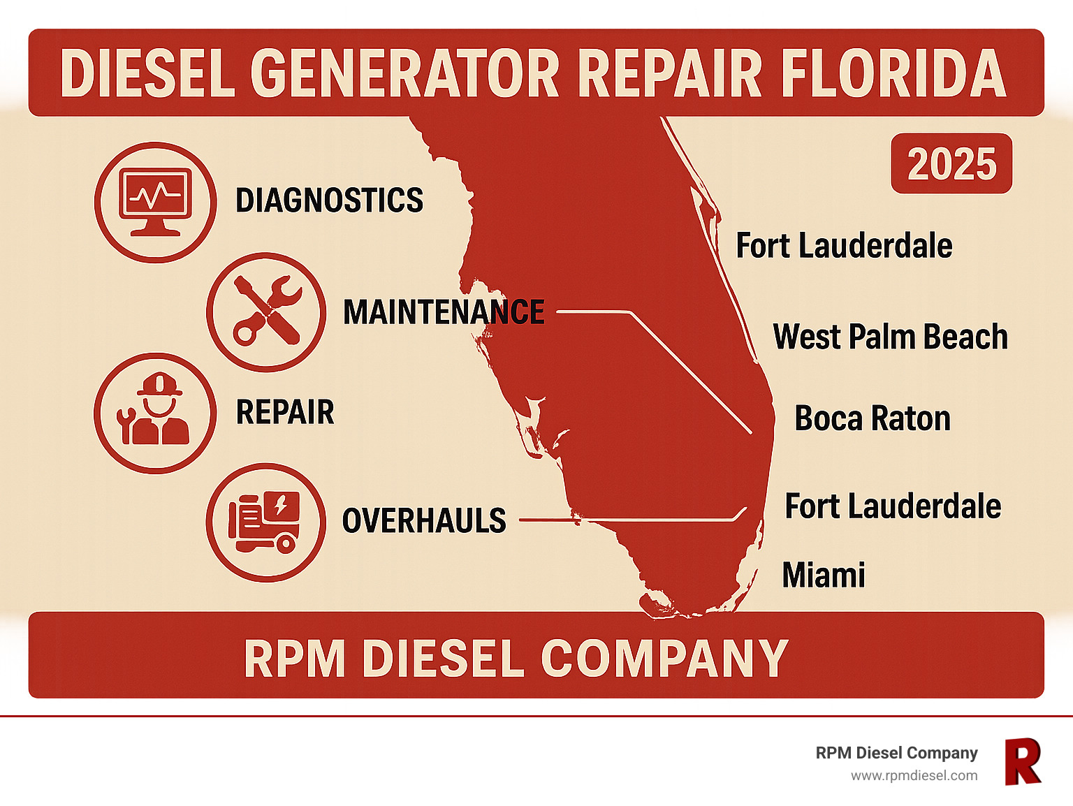 Infographic displaying RPM Diesel Company's service coverage map of Florida, showing locations in Fort Lauderdale, Miami, West Palm Beach, Boca Raton, and Delray Beach, with icons representing their services - Diesel Generator Repair Florida infographic 