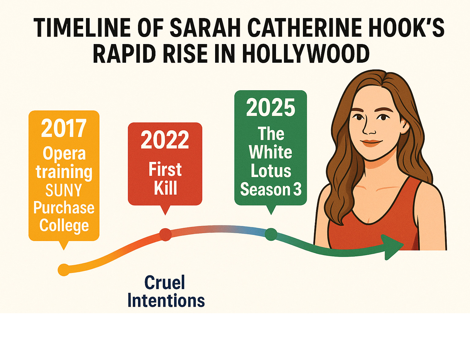 Timeline of Sarah Catherine Hook's career progression from opera training at SUNY Purchase College in 2017 to major television roles including First Kill in 2022, Cruel Intentions in 2024, and The White Lotus Season 3 in 2025, showing her rapid rise in Hollywood -  sarah catherine hook infographic 