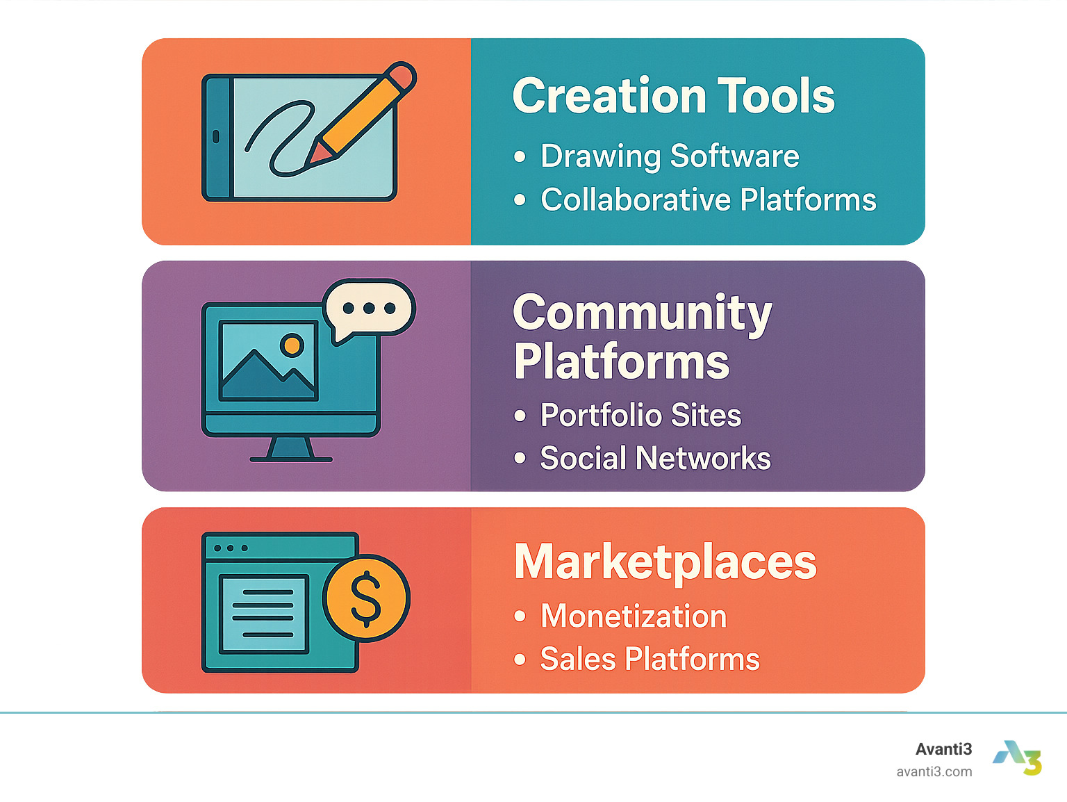 Infographic showing four main categories of digital art websites: Creation Tools (featuring drawing software and collaborative platforms), Community Platforms (showcasing portfolio sites and social networks), Marketplaces (displaying monetization and sales platforms), and Resource Hubs (containing asset libraries and educational materials) - digital art websites infographic 