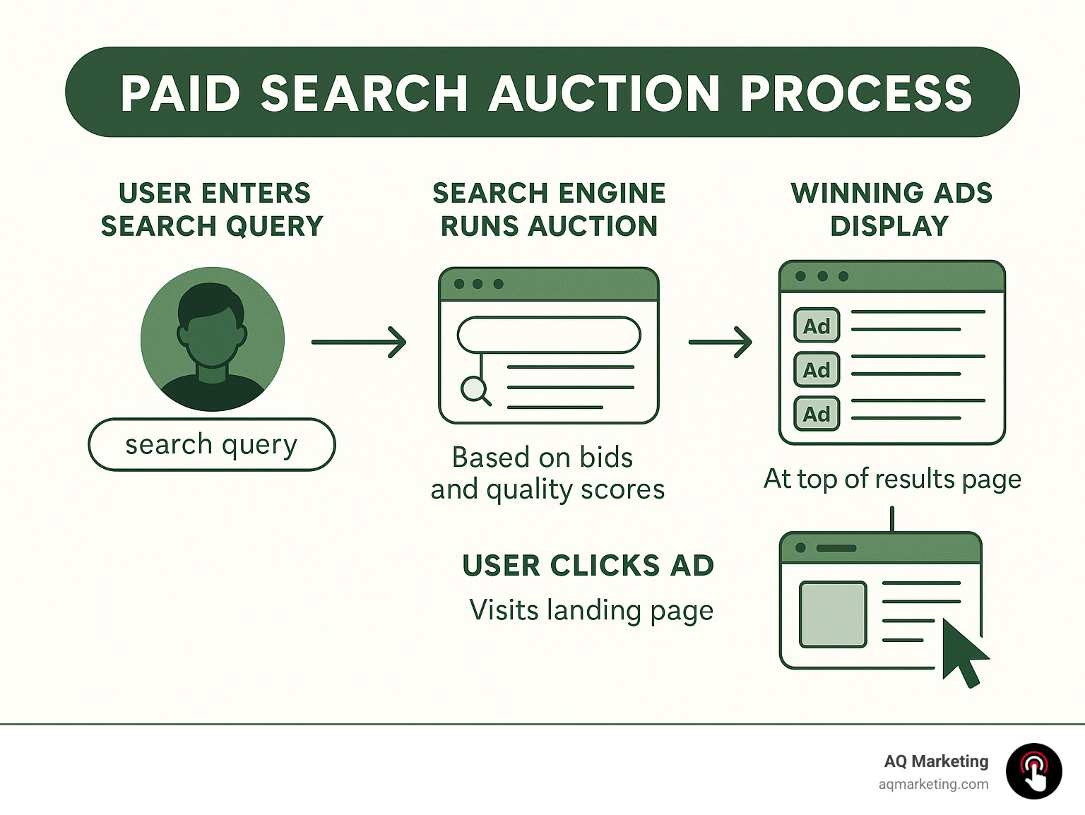 Infographic showing the paid search auction process: user enters search query, search engine runs auction based on bids and quality scores, winning ads display at top of results page, user clicks ad and visits landing page - paid search marketing campaigns infographic Infographic showing the paid search auction process: user enters search query, search engine runs auction based on bids and quality scores, winning ads display at top of results page, user clicks ad and visits landing page - paid search marketing campaigns infographic