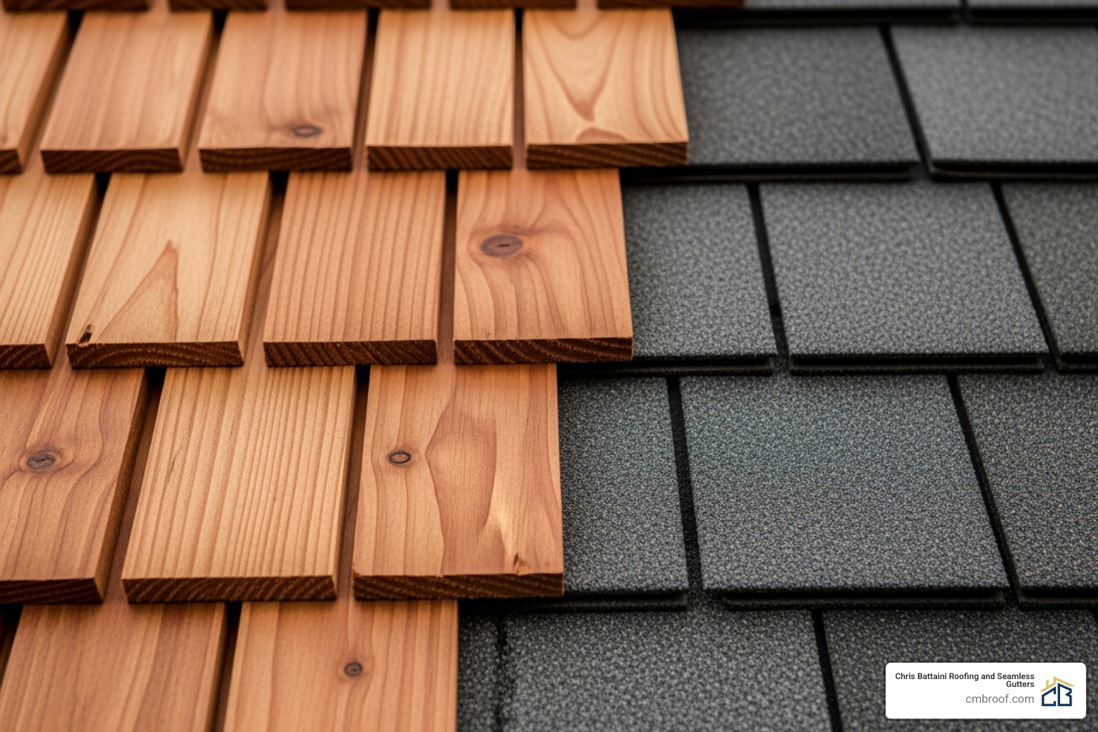 side-by-side comparison of natural cedar shakes and high-quality composite alternative - cedar shake replacement