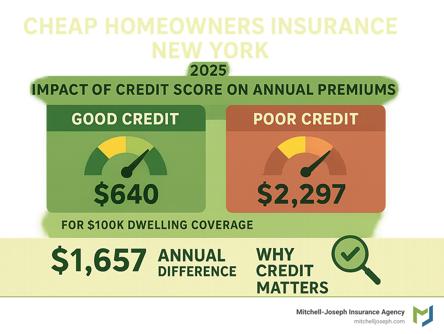 Infographic showing the dramatic impact of credit scores on New York homeowners insurance rates: Good credit results in $640 annual premiums while poor credit leads to $2,297 annual premiums for identical $100K dwelling coverage, representing a $1,657 annual difference and highlighting why credit score improvement is one of the most effective ways to reduce homeowners insurance costs - Cheap homeowners insurance New York infographic Infographic showing the dramatic impact of credit scores on New York homeowners insurance rates: Good credit results in $640 annual premiums while poor credit leads to $2,297 annual premiums for identical $100K dwelling coverage, representing a $1,657 annual difference and highlighting why credit score improvement is one of the most effective ways to reduce homeowners insurance costs - Cheap homeowners insurance New York infographic