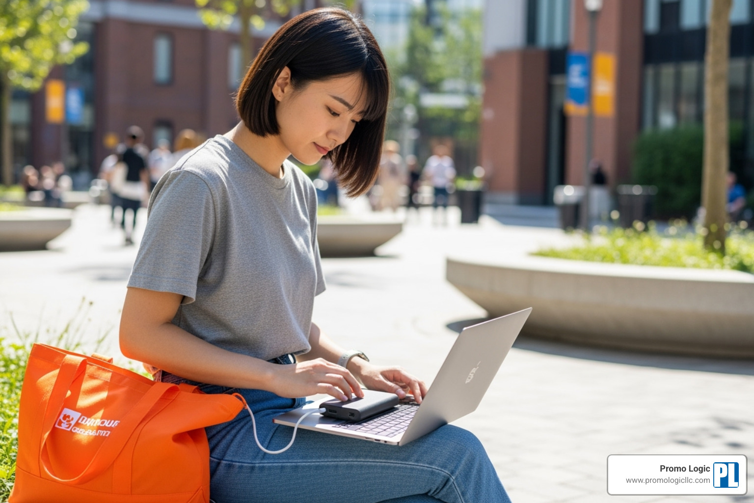 student using branded power bank and tote bag - custom promotional products for students