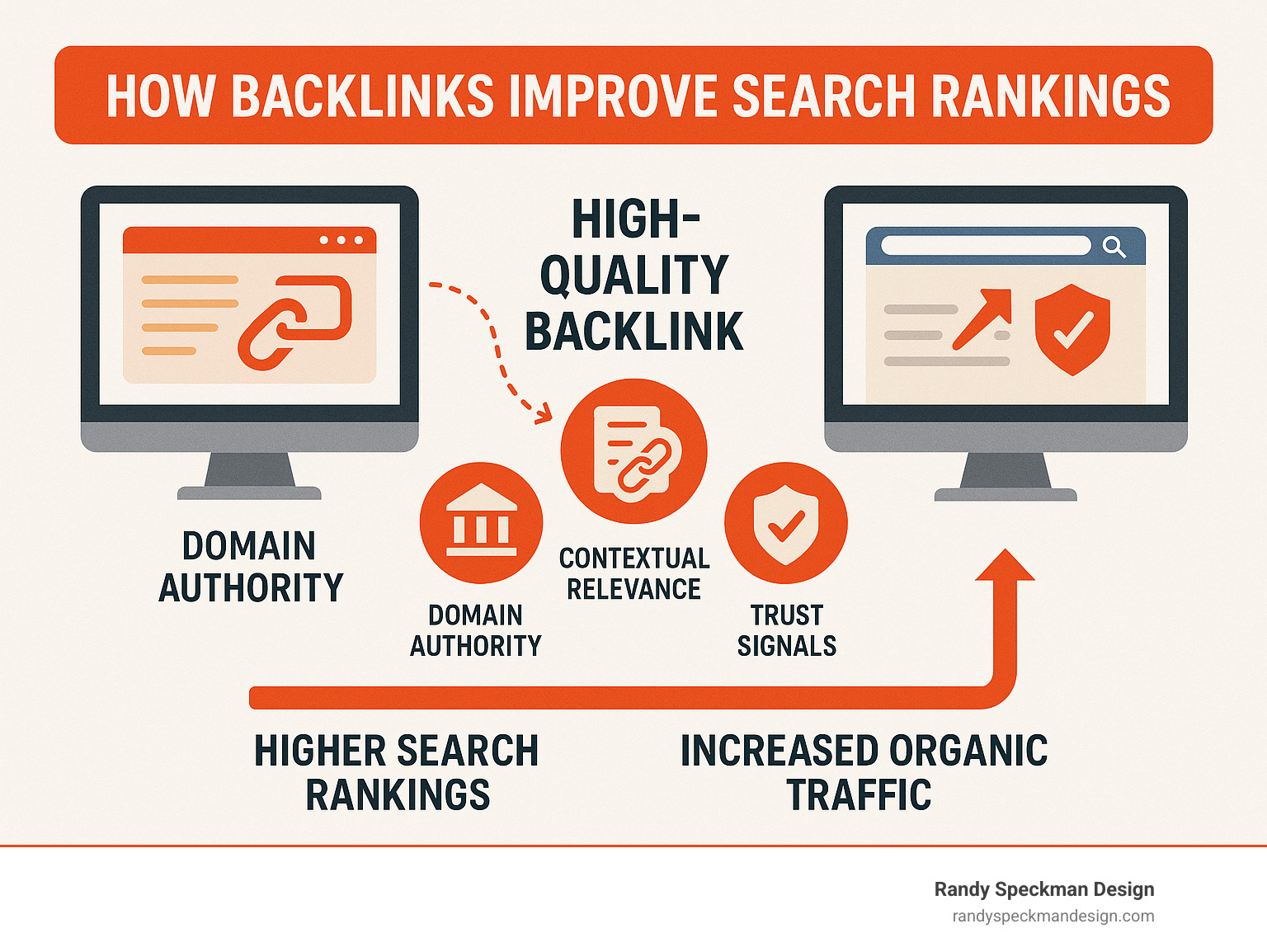 Infographic showing how high-quality backlinks from authoritative websites improve search engine rankings through domain authority transfer, contextual relevance, and trust signals that Google's algorithm uses to determine website credibility and organic traffic potential - backlink building service infographic