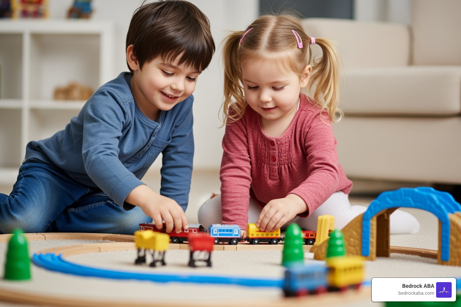 Two children playing cooperatively with a train set, both smiling and engaged in shared play - play based aba therapy