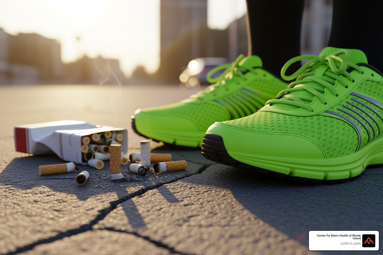 Running shoes next to cigarettes being thrown away - fix ed
