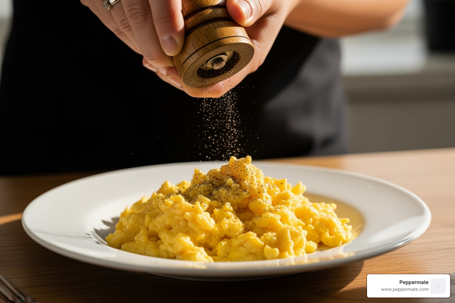 table grind black pepper being sprinkled over scrambled eggs - what is table grind black pepper