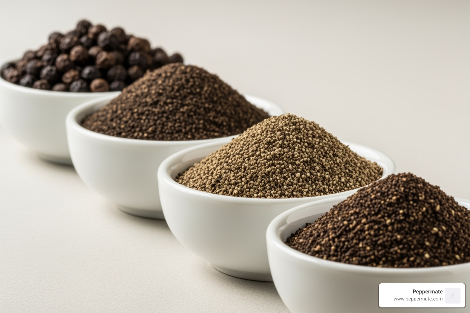 four small bowls showing whole, coarse, table, and fine ground pepper side-by-side - what is table grind black pepper