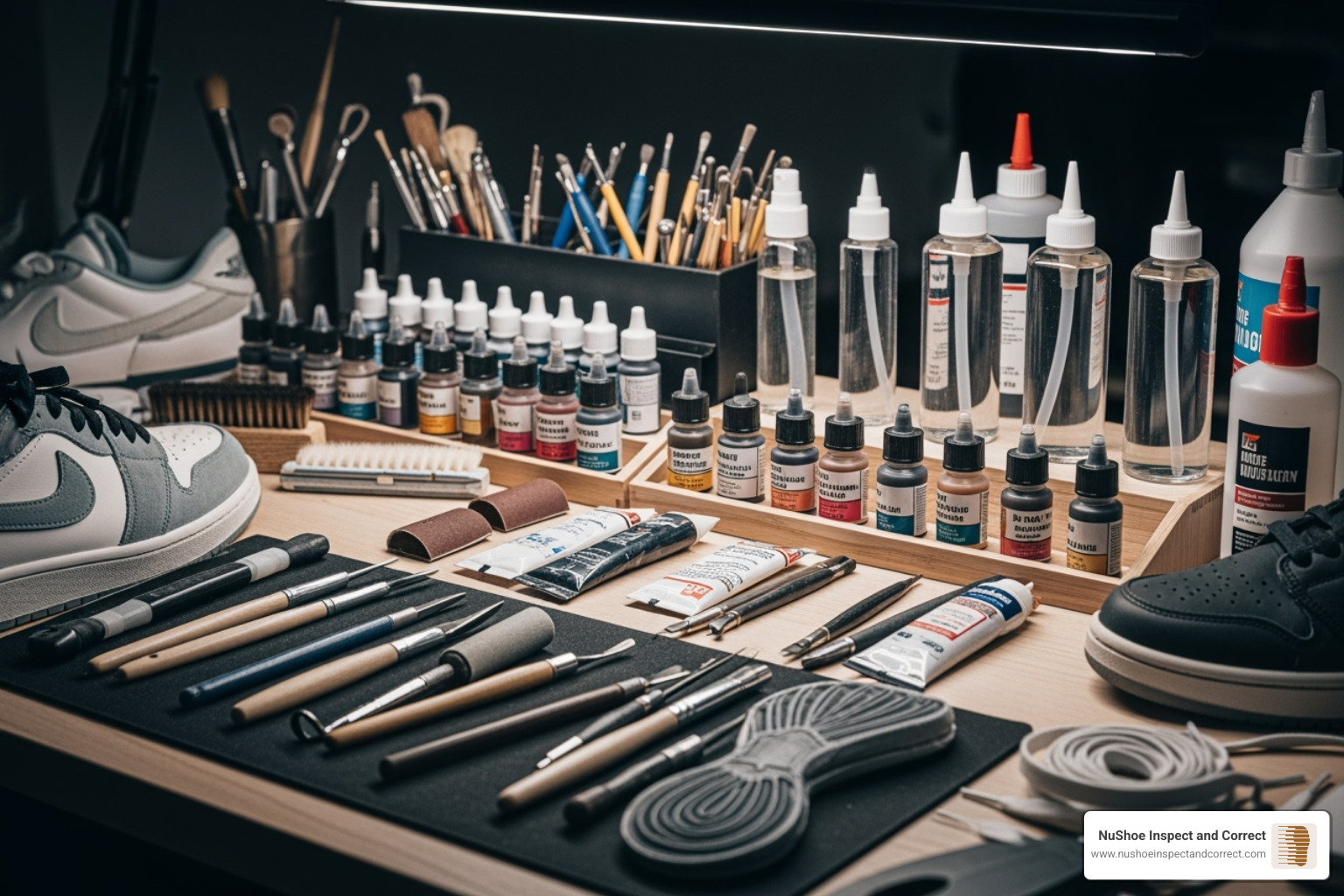 Close-up image of a professional restorer's workbench showing various specialized tools, color-matched dyes, industrial adhesives, and cleaning solutions - professional sneaker restoration