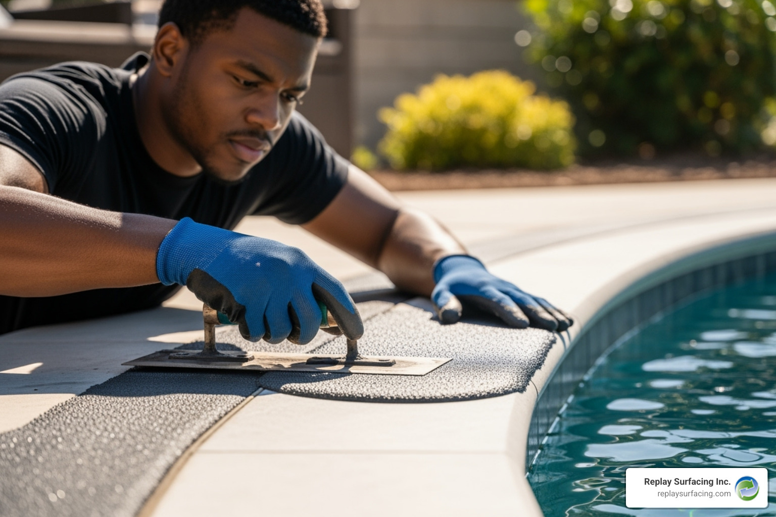professional installer troweling a poured-in-place rubber surface around a pool coping - rubber decking around pool