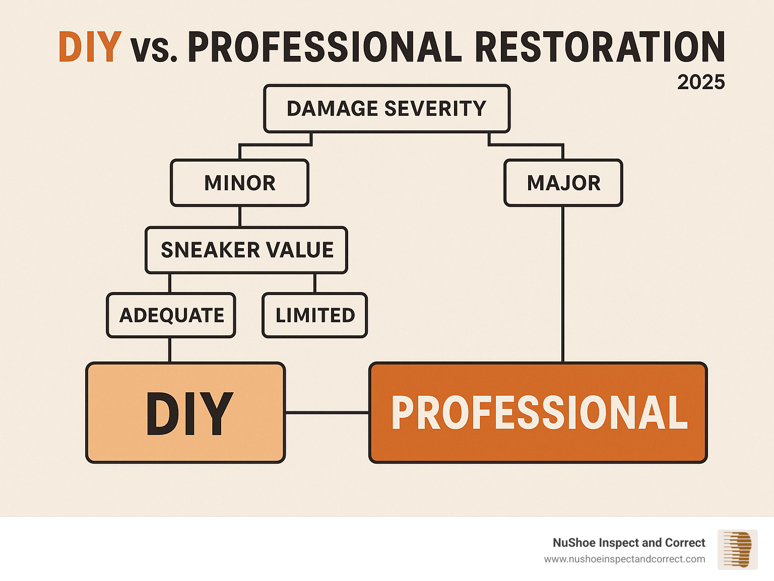Infographic showing the decision tree for choosing between DIY and professional restoration based on damage severity, sneaker value, and skill level - professional sneaker restoration infographic
