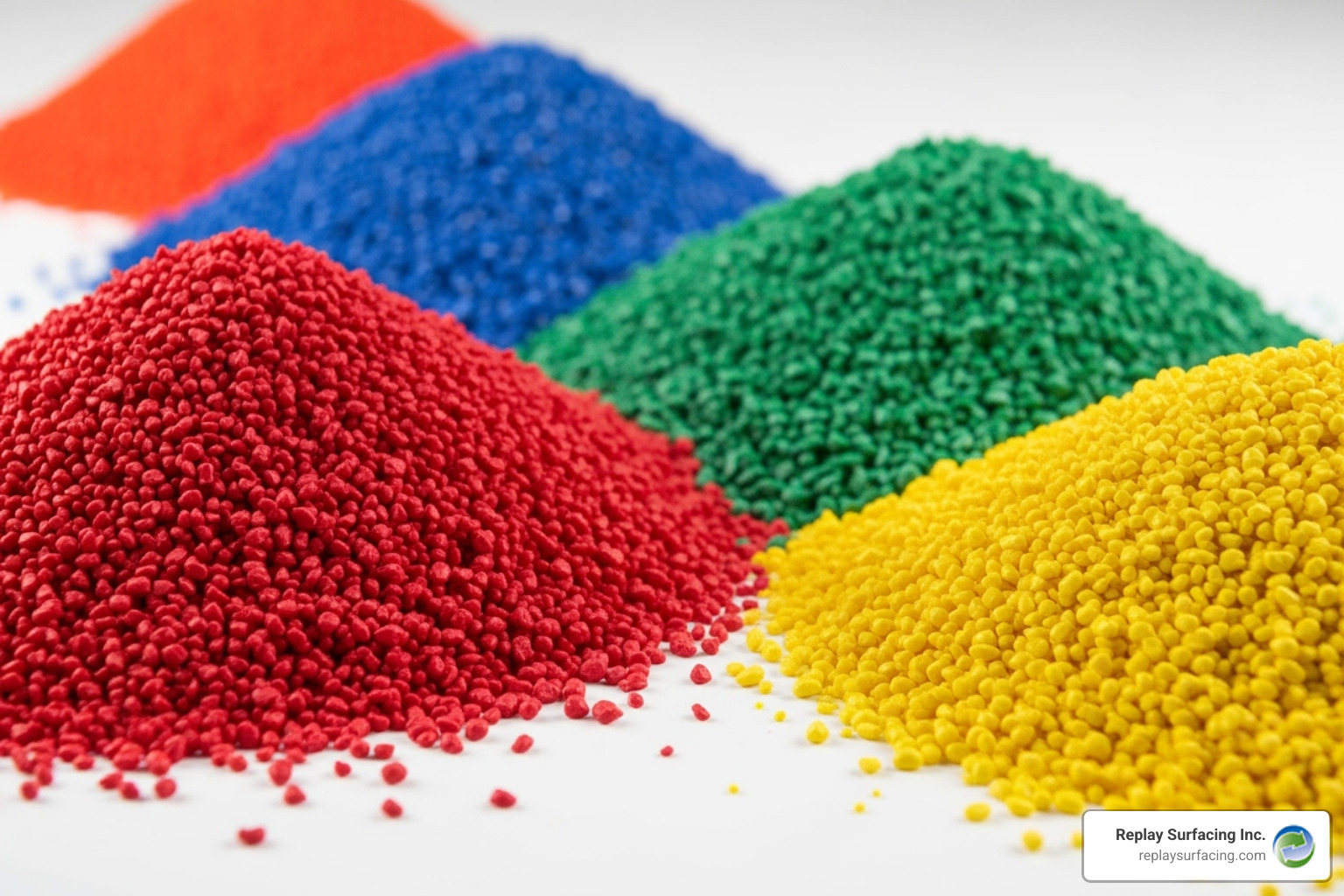 colorful EPDM rubber granules in separate piles before being mixed - rubber decking around pool