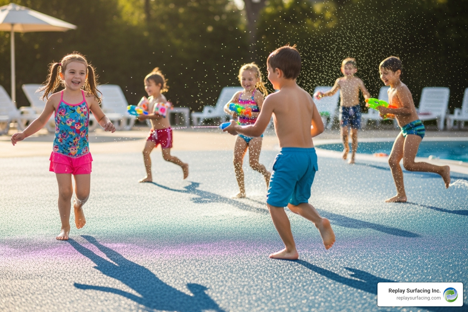 children safely playing on a wet rubber pool deck - rubber decking around pool