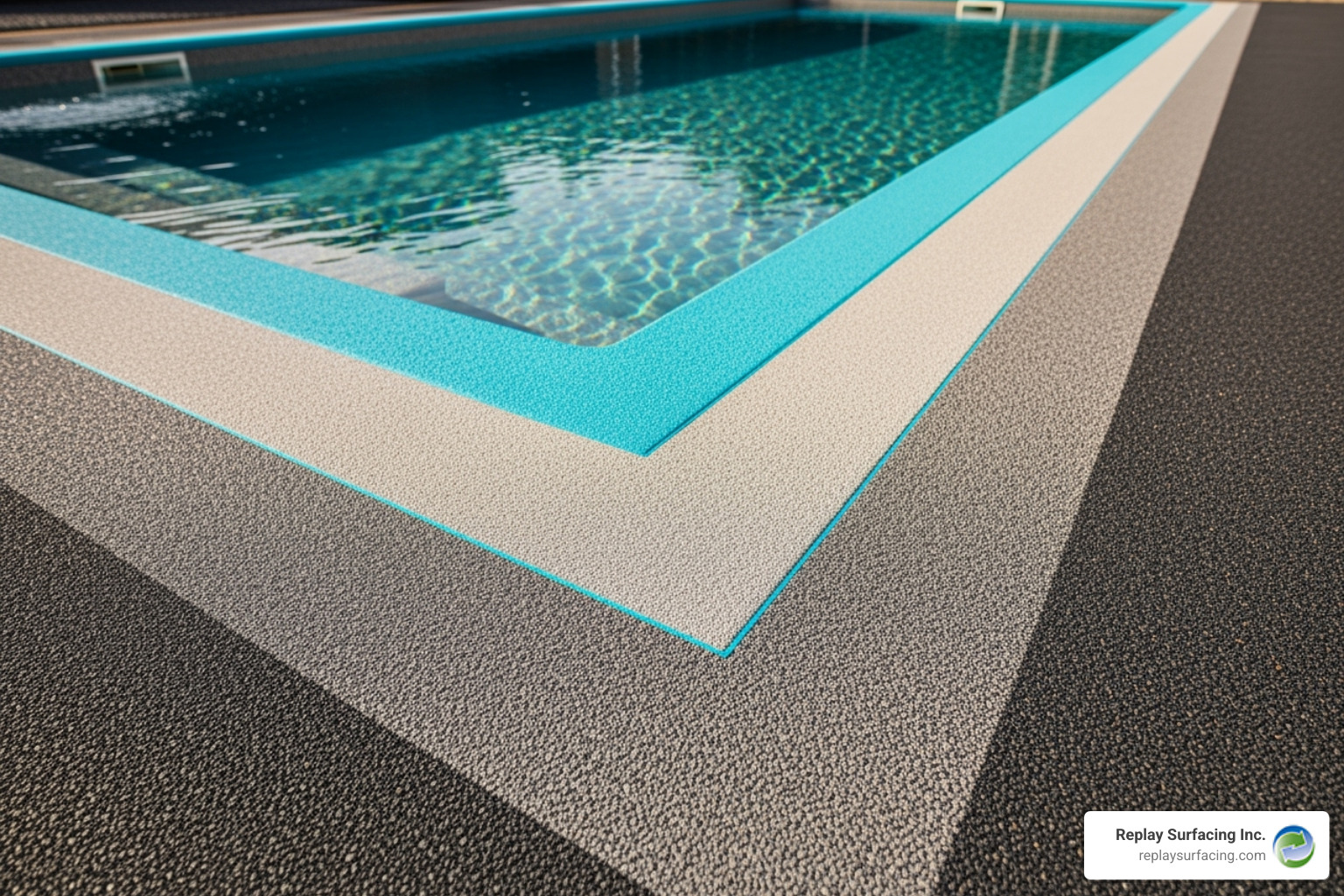 pool deck with a custom two-tone color design and border - rubber decking around pool