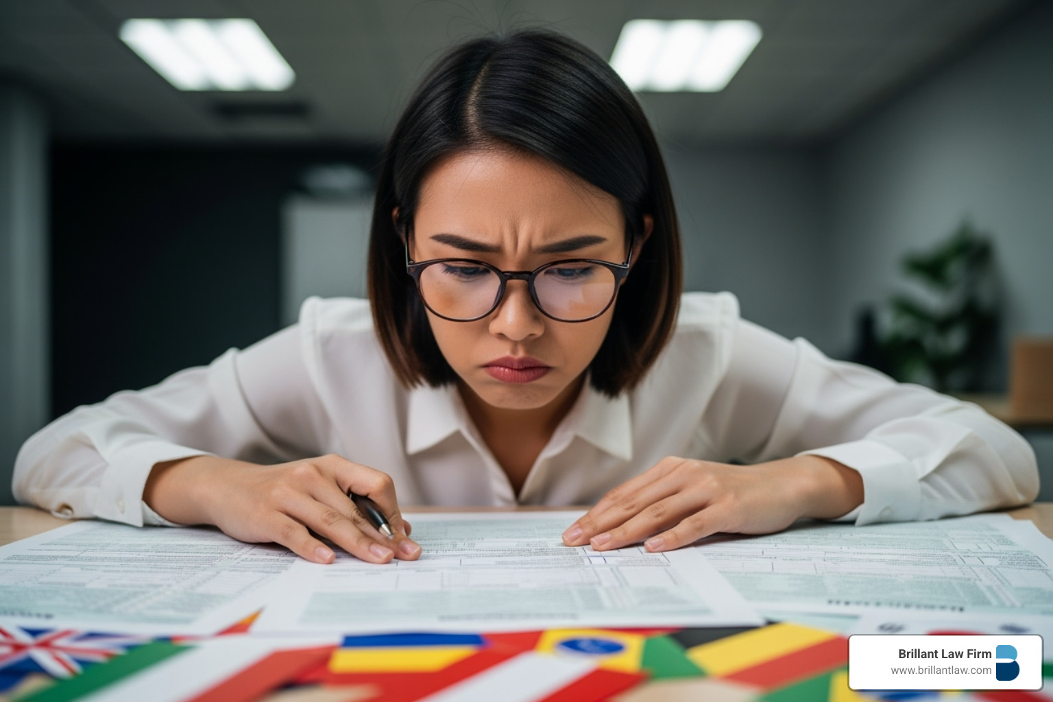 person looking concerned at complex tax forms with international flags - international tax lawyer near me person looking concerned at complex tax forms with international flags - international tax lawyer near me